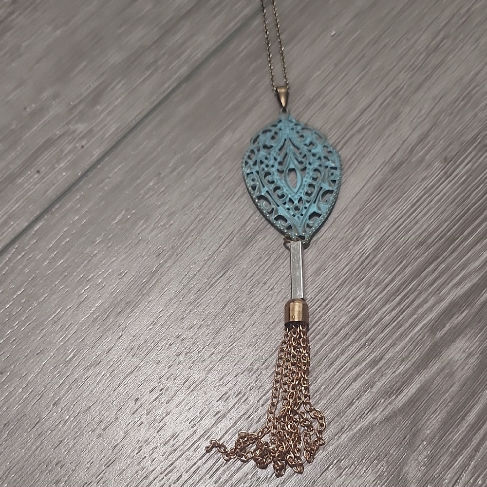 Hand Crafted Turquoise Filigree Leaf Tassel Necklace
